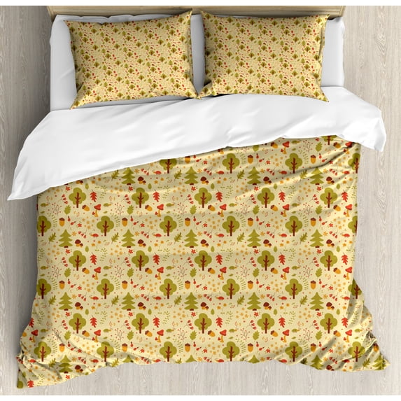Forest Duvet Cover Set Queen Size, Cartoon Woodland Animals and Foliage Pattern with Oak Acorn Pine Trees Rowan Berries, Decorative 3 Piece Bedding Set with 2 Pillow Shams, Multicolor, by Ambesonne