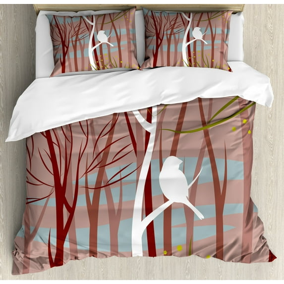 Forest Duvet Cover Set Queen Size, Modern Artistic Illustration of Bird on Leafless Branch Winter Trees Wildlife Print, Decorative 3 Piece Bedding Set with 2 Pillow Shams, Multicolor, by Ambesonne