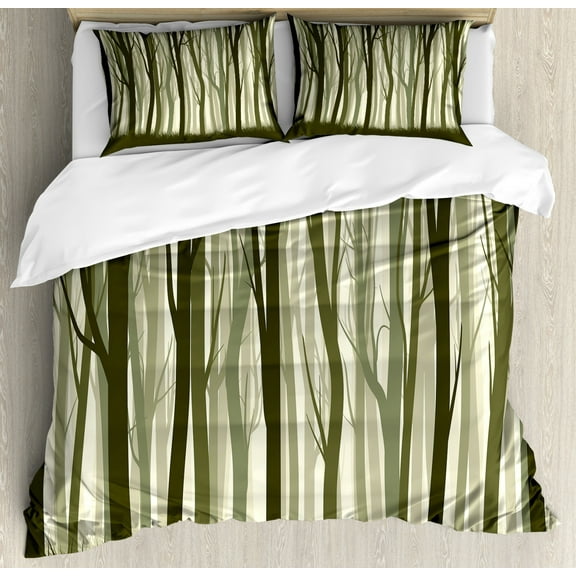 Forest Duvet Cover Set Queen Size, Mother Nature Theme Illustration of Mystical Forest with Trees Print, Decorative 3 Piece Bedding Set with 2 Pillow Shams, Army Green and Sage Green, by Ambesonne