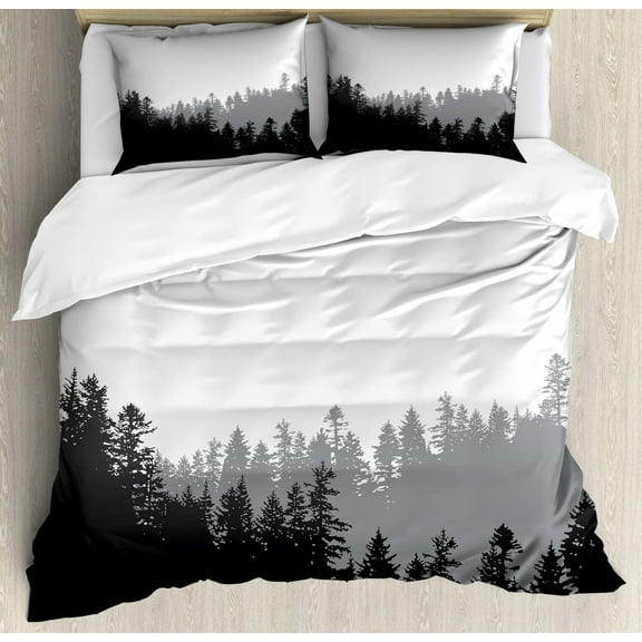 Forest Duvet Cover Set Queen Size, Northern Timberland Growth Panoramic Nature Eco Landscape Abstract Spruces, Decorative 3 Piece Bedding Set with 2 Pillow Shams, Black Grey White, by Ambesonne