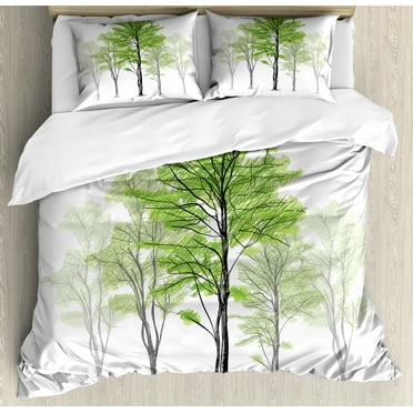 Forest Duvet Cover Set Queen Size, Sketch Style Tree with Green Leaves Abstract Dreamy Springtime Environment, Decorative 3 Piece Bedding Set with 2 Pillow Shams, Green Black White, by Ambesonne