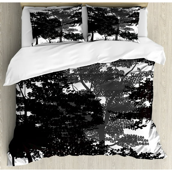 Forest Duvet Cover Set Queen Size, Tree Silhouettes and Bushes in Monochrome Retro Colors Deciduous Growth Lush, Decorative 3 Piece Bedding Set with 2 Pillow Shams, Black Grey White, by Ambesonne