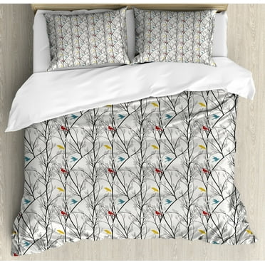 Forest Duvet Cover Set Queen Size, Woodland Inspired Abstract Design Leafy Tree Branches and Colorful Birds, Decorative 3 Piece Bedding Set with 2 Pillow Shams, Coconut and Multicolor, by Ambesonne