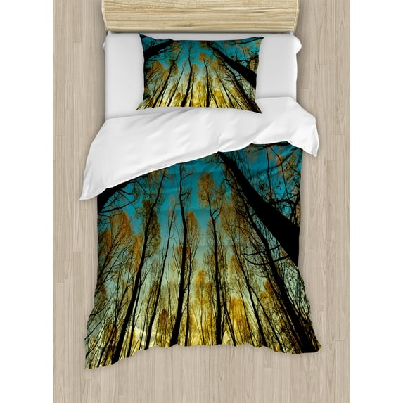 Forest Duvet Cover Set, Rural Scenery with Trees Reaching out to Sky at Sunrise Nature Pastoral Image, Decorative 2 Piece Bedding Set with 1 Pillow Shams, Twin Size, Yellow Blue Black, by Ambesonne