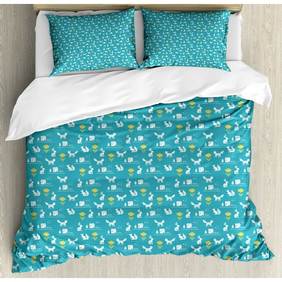 Forest Duvet Cover Set, Scandinavian Folk Art Foxes and Squirrels Flowers Nordic Design, Decorative 3 Piece Bedding Set with 2 Pillow Shams, King Size, Sea Blue Mustard and White, by Ambesonne