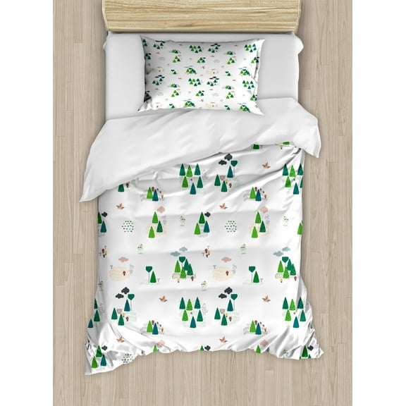 Forest Duvet Cover Set, Scandinavian Inspired Trees Clouds and Woodland Animals, Decorative 2 Piece Bedding Set with 1 Pillow Shams, Twin Size, Petrol Blue Green, by Ambesonne