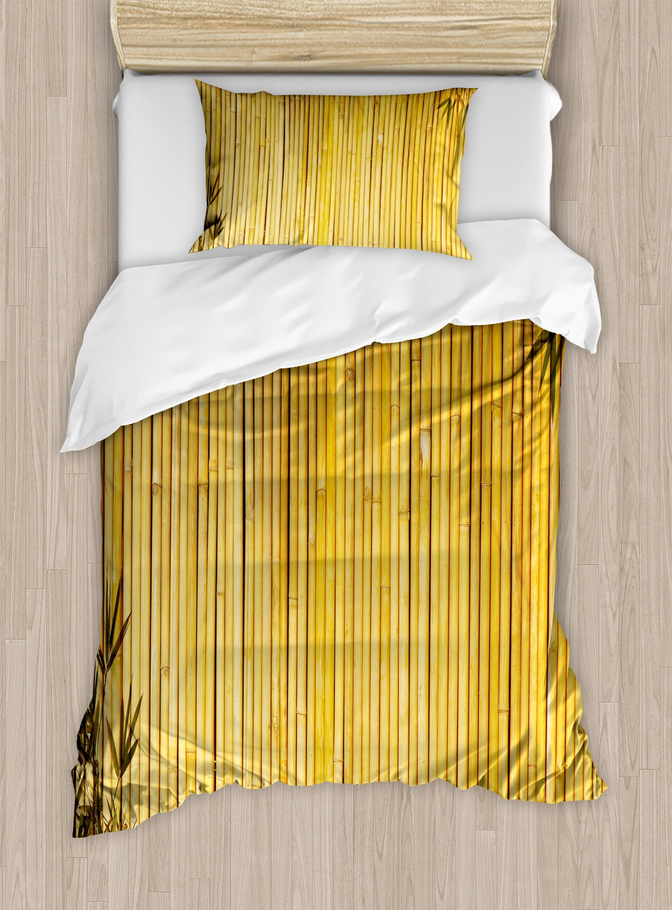 Twin Yellow Bamboo Print Duvet Cover Set