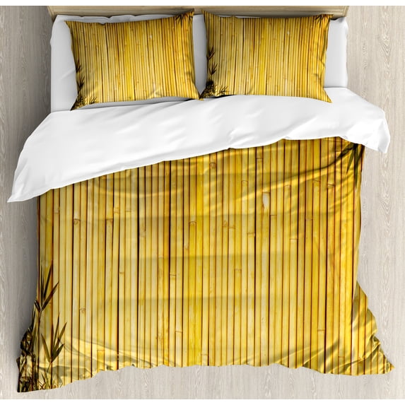 Forest Duvet Cover Set, Simple Themed Leaves and Oriental Nature Inspired Image Wildlife Themed Print, Decorative 3 Piece Bedding Set with 2 Pillow Shams, Queen Size, Yellow Mustard, by Ambesonne