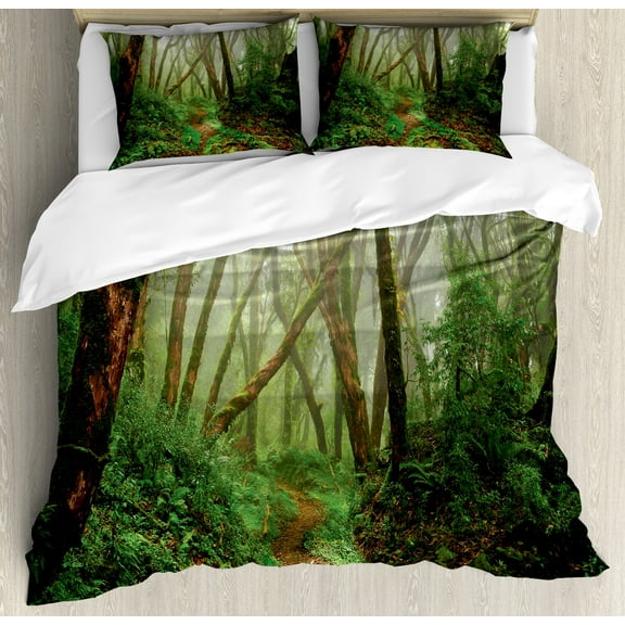 Forest Duvet Cover Set, Spooky Tropical Exotic Fog Jungle in Rainforest Nepal Climate Picture Print, Decorative 3 Piece Bedding Set with 2 Pillow Shams, Calking Size, Green Brown, by Ambesonne