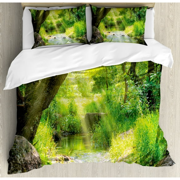 Forest Duvet Cover Set, Stream Cascade in Tropical Forest Among Trees Jungle Woodland Serene Landscape, Decorative 3 Piece Bedding Set with 2 Pillow Shams, Calking Size, Brown Lime Green, by Ambesonne