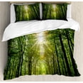 thumbnail image 1 of Forest Duvet Cover Set, Summer Trees Upward View with Sunrays Dripping from Branches Nature Image, Decorative 3 Piece Bedding Set with 2 Pillow Shams, Queen Size, Fern Green and Yellow, by Ambesonne, 1 of 3