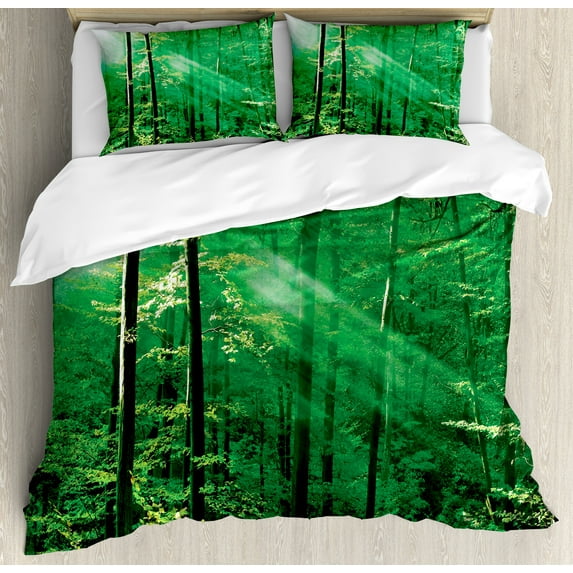 Forest Duvet Cover Set, Sun Rays Bursting into the Forest Trees Foliage Misty Morning Serenity Picture, Decorative 3 Piece Bedding Set with 2 Pillow Shams, Calking Size, Green White, by Ambesonne