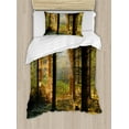 thumbnail image 1 of Forest Duvet Cover Set, Sunset View of Dark Pine Woodland in Autumn Foggy Scene Sunbeams Trunks Shadow, Decorative 2 Piece Bedding Set with 1 Pillow Shams, Twin Size, Orange Green, by Ambesonne, 1 of 3
