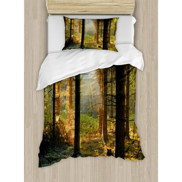 Forest Duvet Cover Set, Sunset View of Dark Pine Woodland in Autumn Foggy Scene Sunbeams Trunks Shadow, Decorative 2 Piece Bedding Set with 1 Pillow Shams, Twin Size, Orange Green, by Ambesonne