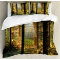 thumbnail image 1 of Forest Duvet Cover Set, Sunset View of Dark Pine Woodland in Autumn Foggy Scene Sunbeams Trunks Shadow, Decorative 3 Piece Bedding Set with 2 Pillow Shams, King Size, Orange Green, by Ambesonne, 1 of 3