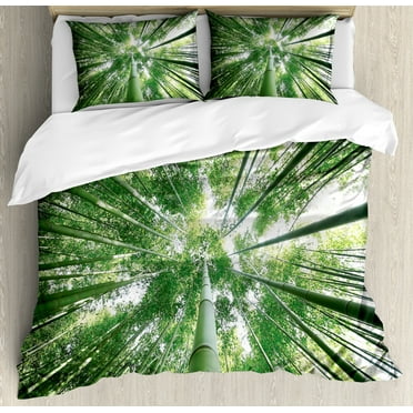 Forest Duvet Cover Set, Tropical Rain Forest Tall Trees in Exotic Style Nature Theme Image Sky from Woodland, Decorative 3 Piece Bedding Set with 2 Pillow Shams, Calking Size, Green, by Ambesonne