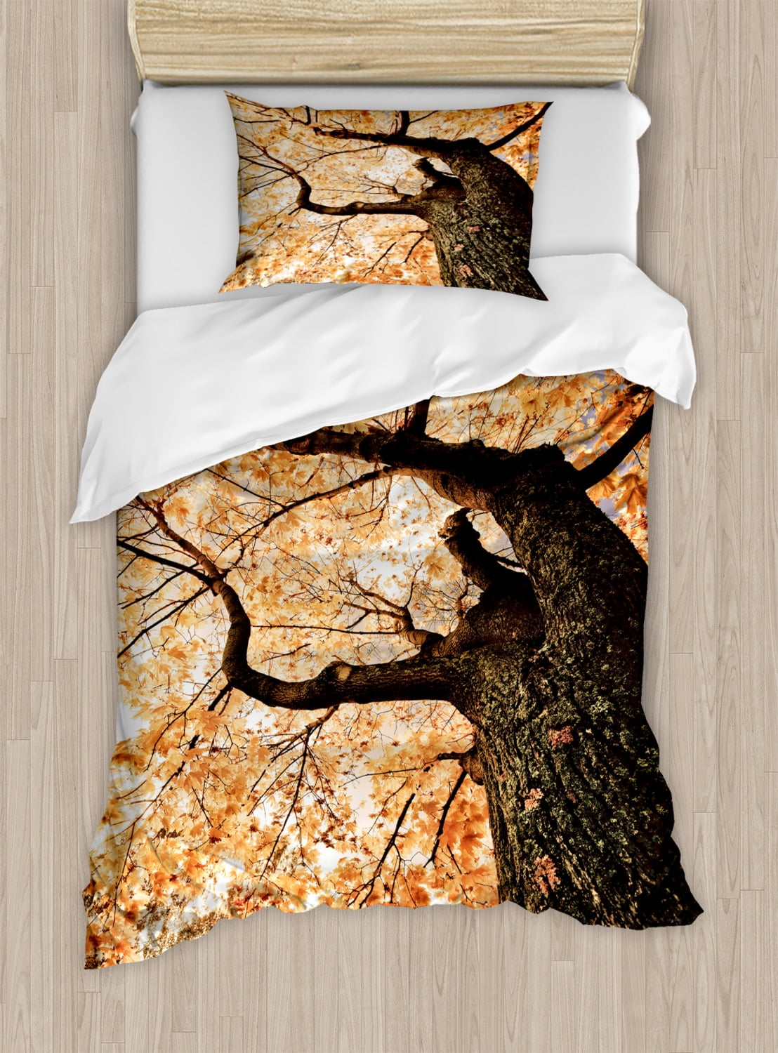 Twin Orange and Brown Tree Design Duvet Cover Set