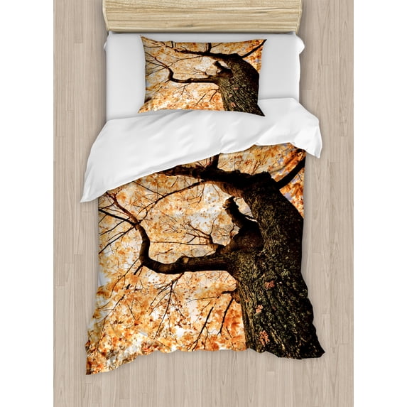 Forest Duvet Cover Set Twin Size, Body of Old Tree Seedling Botany Woodsy Roots Falling Maple Leaf Design Print, Decorative 2 Piece Bedding Set with 1 Pillow Sham, Orange Brown, by Ambesonne