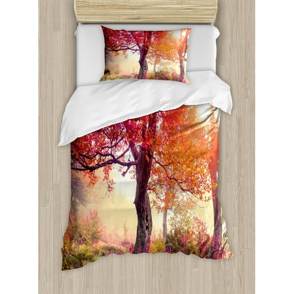 Forest Duvet Cover Set Twin Size, Magical View in the Foggy Forest with Hazy Fairy Sun Beams and Fall Leaves Picture, Decorative 2 Piece Bedding Set with 1 Pillow Sham, Red Brown, by Ambesonne