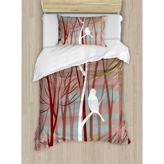 Forest Duvet Cover Set Twin Size, Modern Artistic Illustration of Bird on Leafless Branch Winter Trees Wildlife Print, Decorative 2 Piece Bedding Set with 1 Pillow Sham, Multicolor, by Ambesonne