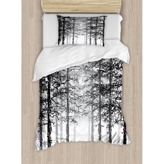 Forest Duvet Cover Set Twin Size, Monochrome Nature Sketch Abstract Scribble Style Tall Trees Timberland Grove, Decorative 2 Piece Bedding Set with 1 Pillow Sham, Black Grey White, by Ambesonne