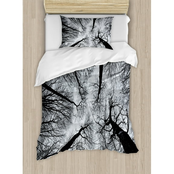 Forest Duvet Cover Set Twin Size, Scary Winter Tops of the Trees Dark Dramatic Silhouettes Enchanted Nature Image, Decorative 2 Piece Bedding Set with 1 Pillow Sham, Black Grey, by Ambesonne