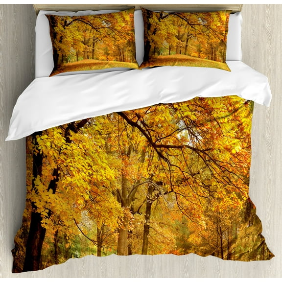 Forest Duvet Cover Set, Warm Fall Scenery Pale Maple Leaves in the Woodland November Season Woodlands, Decorative 3 Piece Bedding Set with 2 Pillow Shams, King Size, Orange Brown, by Ambesonne