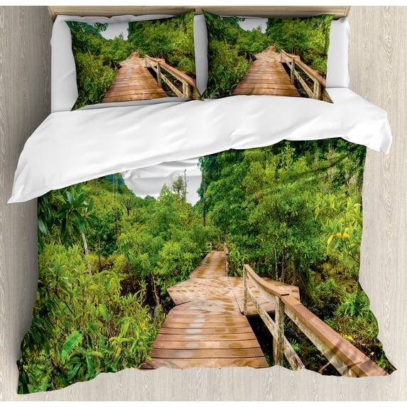 Forest Duvet Cover Set, Wood Bridge Around Mangrove Forest Thapom Krabi Thailand Natural Landscape, Decorative 3 Piece Bedding Set with 2 Pillow Shams, Calking Size, Pale Brown Green, by Ambesonne