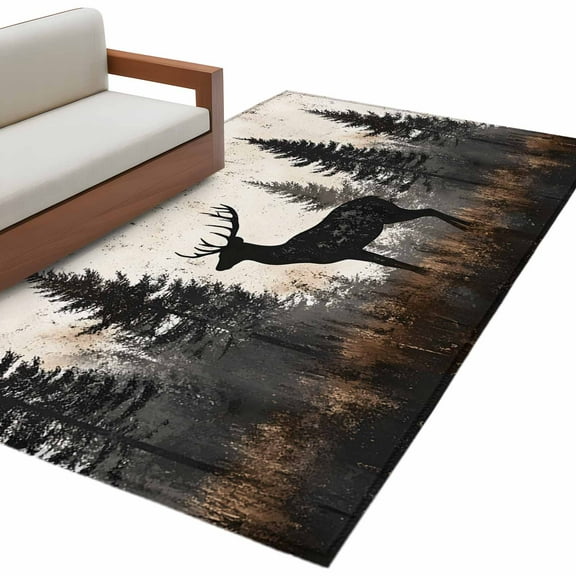 Forest Elk Area Rug 3x5 FT, Non Slip Entryway Bedside Carpet, Rustic Nature Tree Retro Deer Silhouette Washable Soft Floor Carpet Indoor Mat Non-Shedding Throw Rug for Dorm Kitchen Home Office