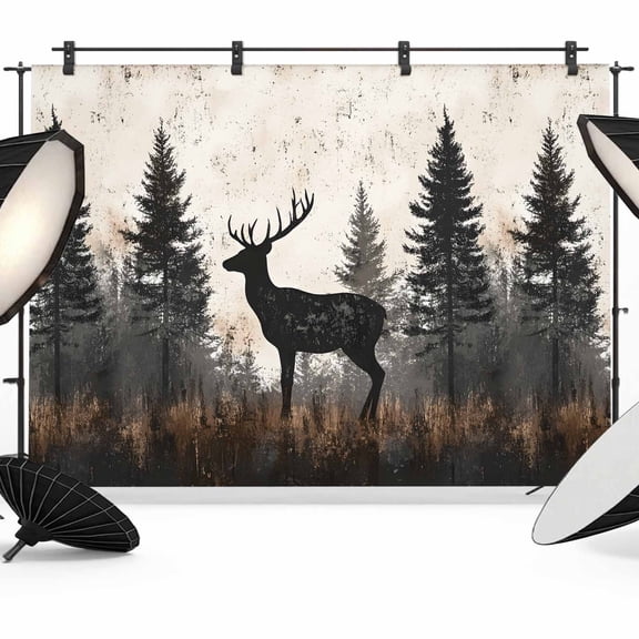 Forest Elk Backdrop for Photography,Fabric Photo Background Backdrop,Rustic Nature Tree Retro Deer Silhouette Photo Booth Background for Portrait Photoshoot Video Wedding Decoration Banner 10x8ft