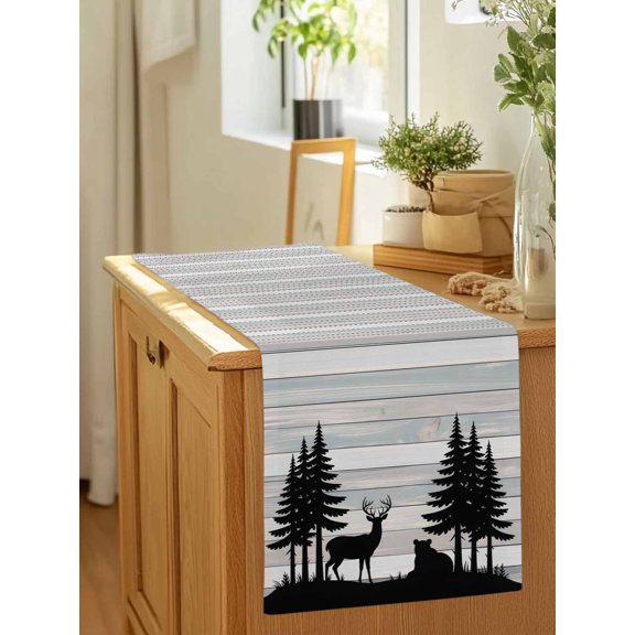 Forest Elk Bear Silhouette Table Runner 36 Inches Long,Kitchen Dining Tablerunners Wood Grain Stripes Linen Table Runners Dresser Scarves for Home Dinner Wedding Holiday Party Decor