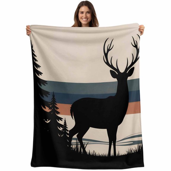 Forest Elk Blanket Soft Cozy Warm Throw Blanket for Couch, Plush Fuzzy Flannel Fleece Blankets for Sofa, Animal Antlers Silhouette Tree Stripes Bed Blankets Lightweight Gifts for Women, 30"x40"