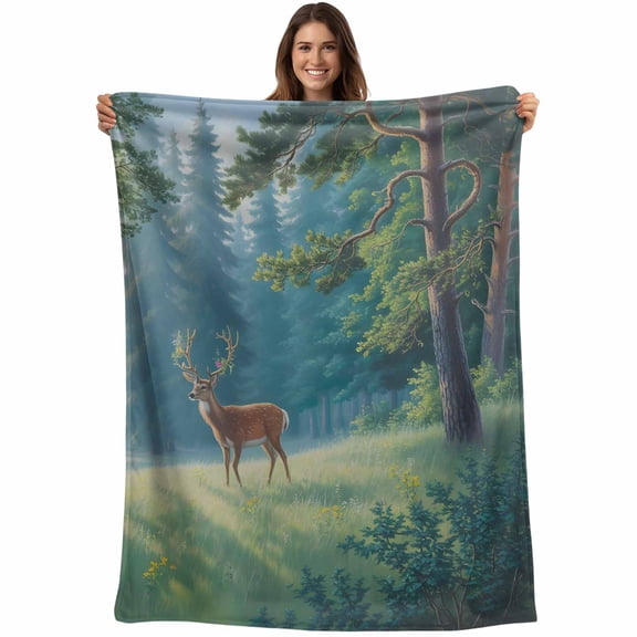 Forest Elk Blanket Soft Cozy Warm Throw Blanket for Couch, Plush Fuzzy Flannel Fleece Blankets for Sofa, Green Trees Leaves Landscape Oil Painting Bed Blankets Lightweight Gifts for Women, 30"x40"