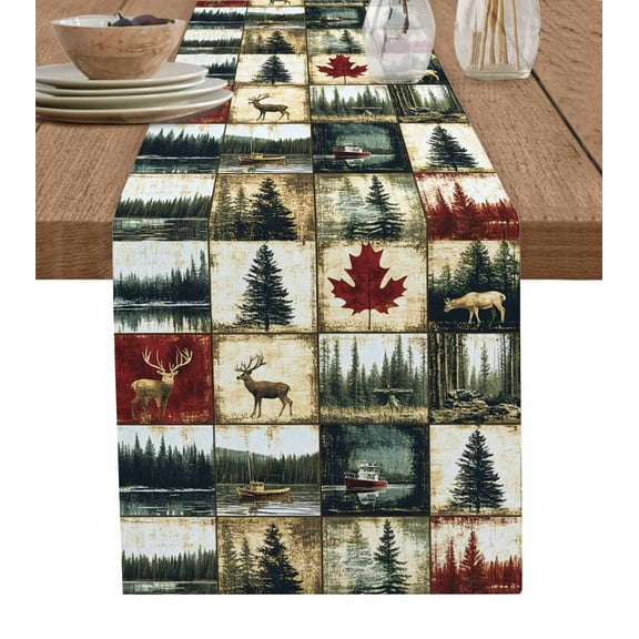 Forest Elk Burlap Cotton Table Runner 13x36 Inches Short, Farmhouse Nautical Boat Pine Tree Farmhouse Table Runners, Outdoor Dining Tablecloths Decor for Baby Shower/Party/Wedding
