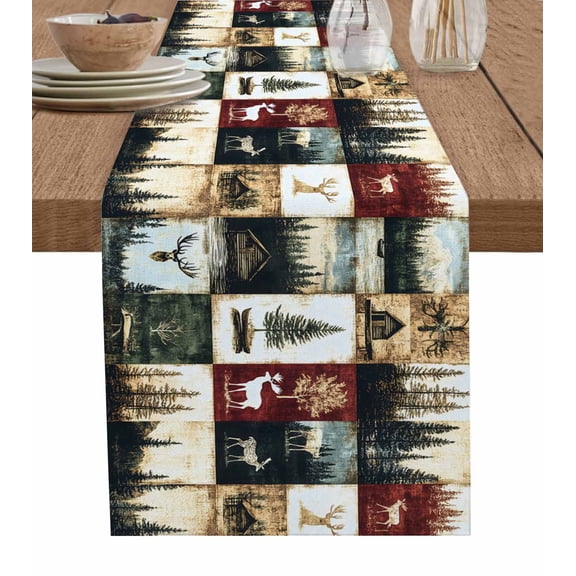Forest Elk Burlap Cotton Table Runner 13x36 Inches Short, Farmhouse Pine Tree Rustic Green Red Farmhouse Table Runners, Outdoor Dining Tablecloths Decor for Baby Shower/Party/Wedding