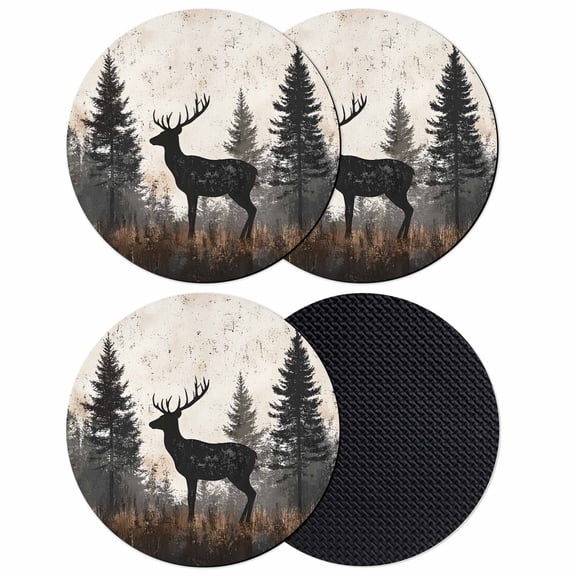 Forest Elk Coasters Set of 4, Soft Absorbent Coasters for Drinks, Rustic Nature Tree Retro Deer Silhouette Non-Slip Cup Coaster Mat with Rubber Bottom for Home Kitchen Desk Coffee Bar Table Decor 4"