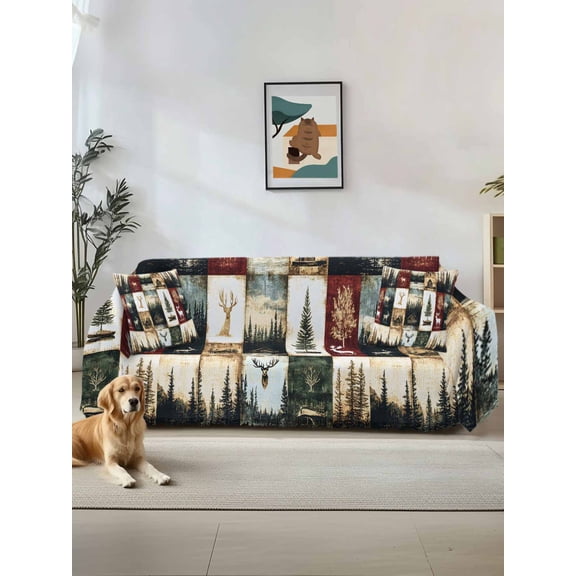 Forest Elk Couch Cover, Farmhouse Pine Tree Rustic Green Red Sofa Cover Blanket for Loveseat Couches,Sectional Sofa Slipcover Furniture Protector for Living Room Bedroom 71''x118''