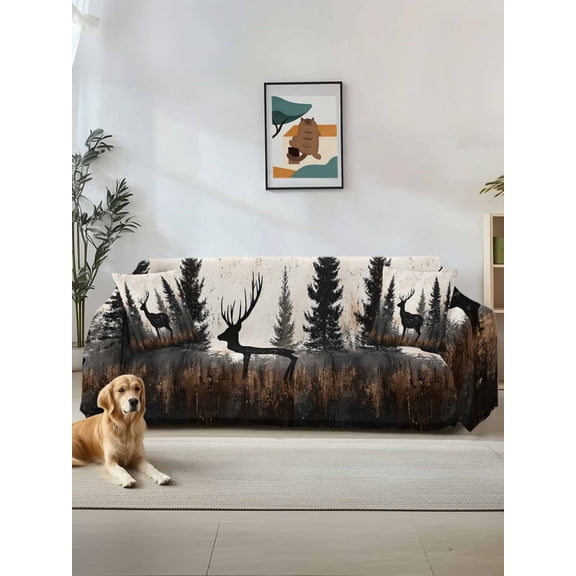 Forest Elk Couch Cover Sofa Covers 3 Cushion Sectional Couch, Rustic Nature Tree Retro Deer Silhouette Washable Sofa Covers Slipcover Sectional Sofa Cover, Furniture Protector 71"x150"