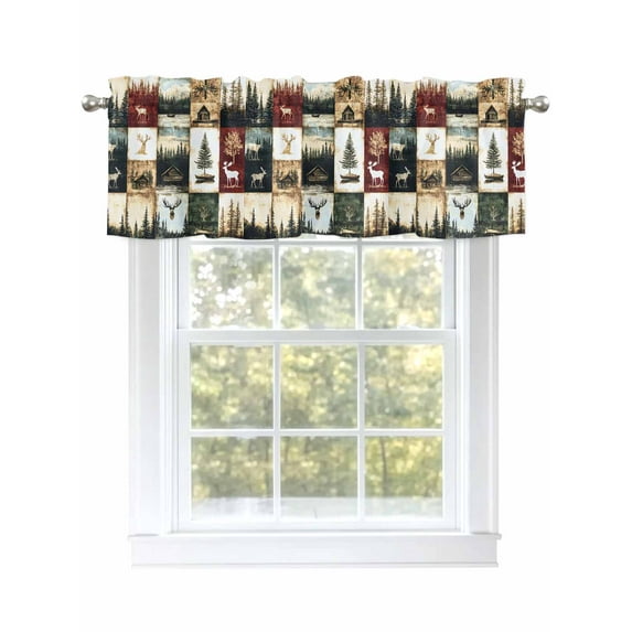 Forest Elk Curtain Valances for Windows, Farmhouse Pine Tree Rustic Green Red Kitchen Valance Window Treatment, Light Filtering Block Curtains for Bathroom/Bedroom/Living Room 60'' x 18''