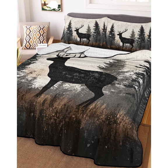 Forest Elk King Size Down Alternative Comforter, Lightweight Comforter Quilt Bedding Set with Pillow Shams Rustic Nature Tree Retro Deer Silhouette All Seasons Bed Comforter Duvet Insert 96"x106"