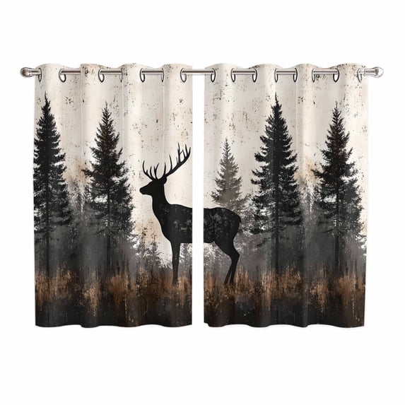 Forest Elk Kitchen Curtains 63 Inch Length, Rustic Nature Tree Retro Deer Silhouette Grommet Top Bedroom Living Room Curtains, Light Filtering Cafe Curtain Drapes 2 Panels Set 104''x63''