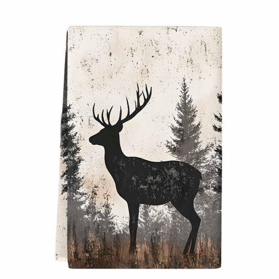 Forest Elk Kitchen Towels Set of 1, Absorbent Microfiber Dish Tea Towels with Hanging Loop, Rustic Nature Tree Retro Deer Silhouette Resuable Hand Towel for Home Kitchen Cooking Cleaning 18"x28"