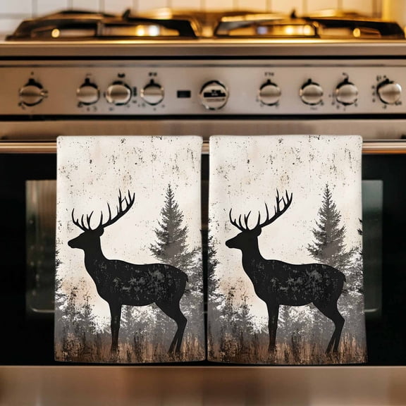 Forest Elk Kitchen Towels Set of 3, Rustic Nature Tree Retro Deer Silhouette Absorbent Dish Towels for Kitchen, Microfiber Hand Towel, Quick Drying Tea Towel for Cleaning Decorative Dishcloths