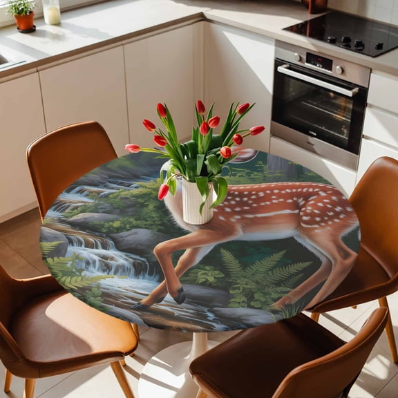 Forest Elk Leaf Tree Round Fitted Tablecloth with Elastic Edge,Waterproof Table Cloth Fits Tables Up to 45"-54",Washable Table Cover for Indoor Outdoor Dinning Party,Natural Plant Animal Theme