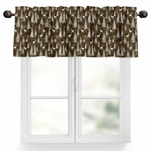Forest Elk Pine Valances for Windows, 42 x 12in, Winter Christmas Dark Brown Background Rod Pocket Kitchen Valance Curtain Light Filtering Window Treatments for Living Room Bedroom, 1 Panel