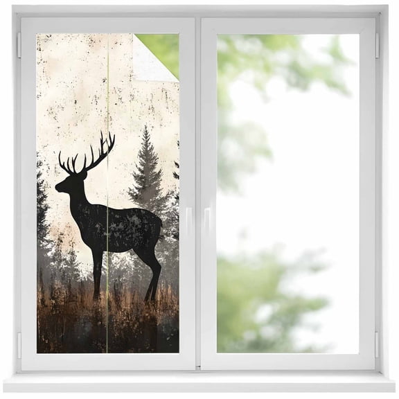 Forest Elk Privacy Window Film, Decorative Frosted Glass Window Film, Rustic Nature Tree Retro Deer Silhouette Reusable Peel and Stick Static Cling for Home Bathroom Office Glass Door 17.7"x39.3"