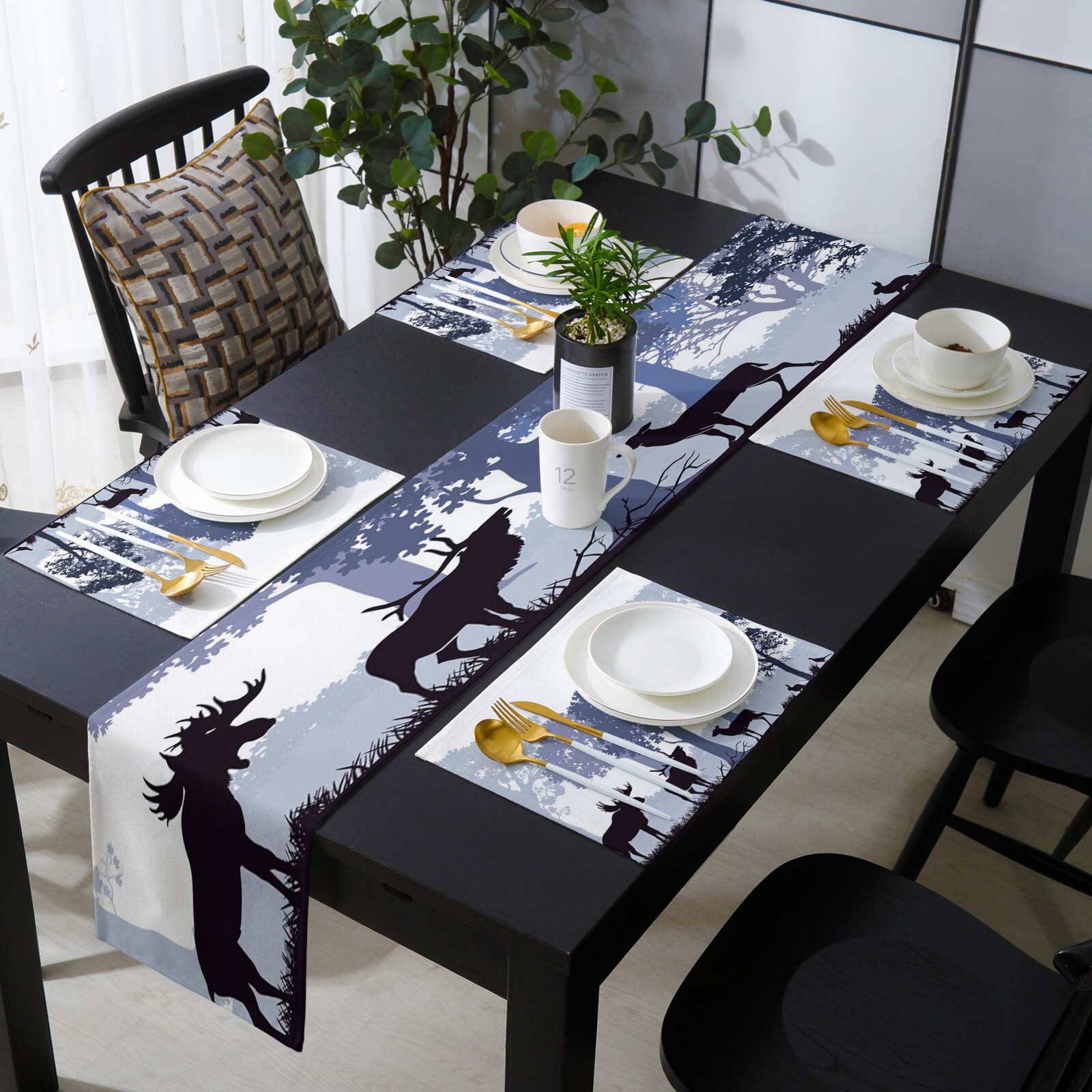 Forest Elk Rabbit Oak Woods Table Runner Sets Wedding Dinning Coffee Table Decoration Kitchen