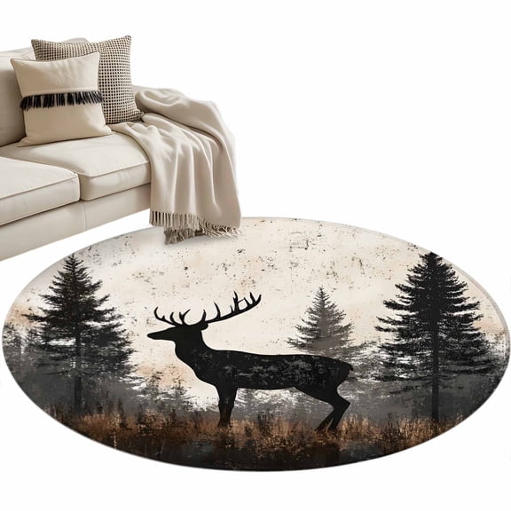 Forest Elk Round Area Rug 4 FT, Non Slip Indoor Outdoor Rug, Rustic Nature Tree Retro Deer Silhouette Washable Soft Circular Carpet Non-Shedding Floor Mat for Coffee Table Nursery Foyer Balcony