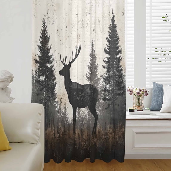 Forest Elk Semi Sheer Curtains Drapes for Living Room, Bedroom, French Doors Window 72 Inches Long, Rustic Nature Tree Retro Deer Silhouette Rod Pocket Chiffon Curtain Drapery Voile Draperies Panel