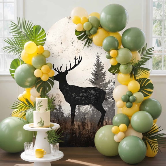 Forest Elk Silhouette Arch Backdrop Cover, 5FT, Retro Animal Tree Spandex Arch Covers Double-Sided Backdrop for Wedding Birthday Party Photo Background Decoration